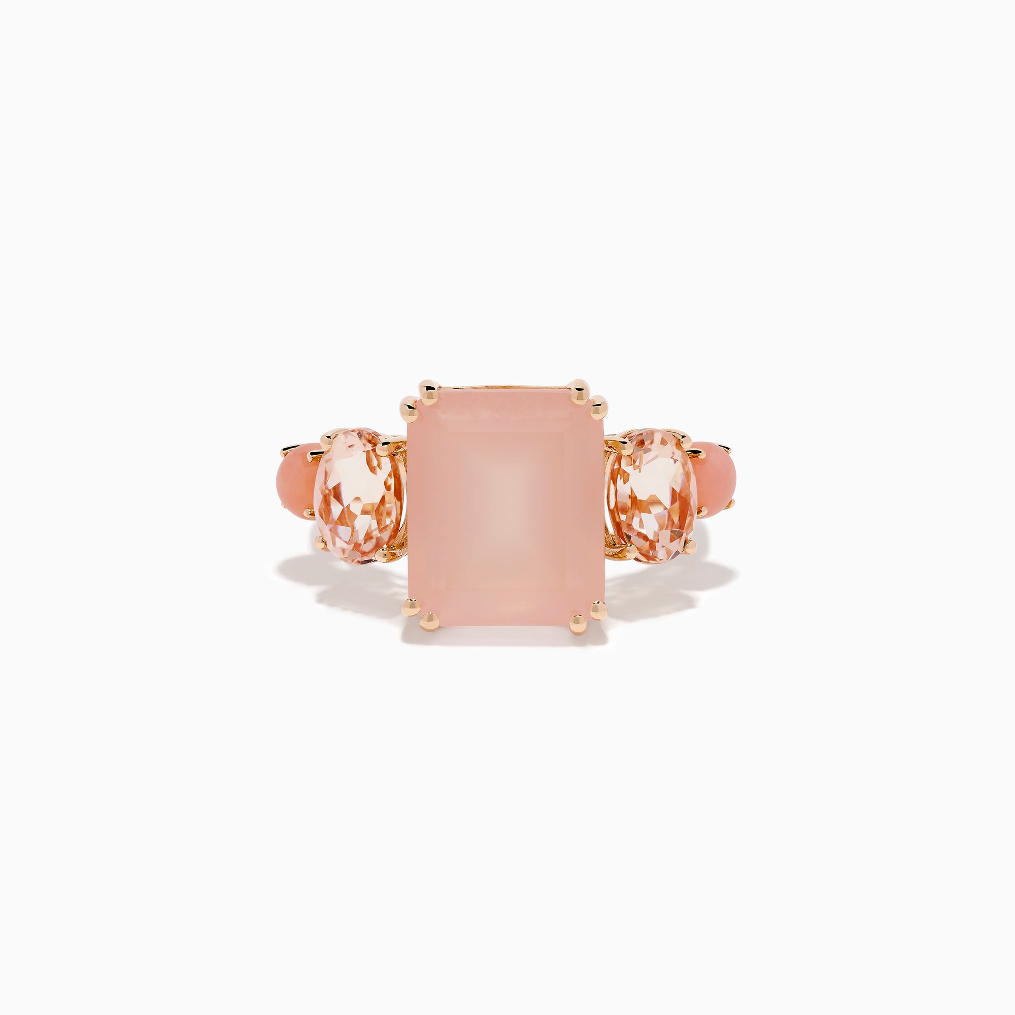 The 14K Rose Gold Pink Rose Quartz, Pink Opal and Morganite Ring features a large rectangular pink quartz center, flanked by two oval pink opals on a simple band, shown against a white background.