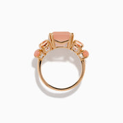 The 14K Rose Gold Pink Rose Quartz, Pink Opal and Morganite Ring features a large rectangular pink quartz center, flanked by two oval pink opals on a simple band, shown against a white background.