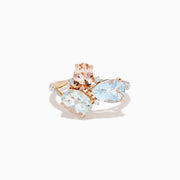 The 14K Rose Gold Semi Precious Mix Stone and Diamond Ring features three bold gemstones in peach, light green, and light blue, accented with diamonds on a rose gold band. Displayed on a white background.