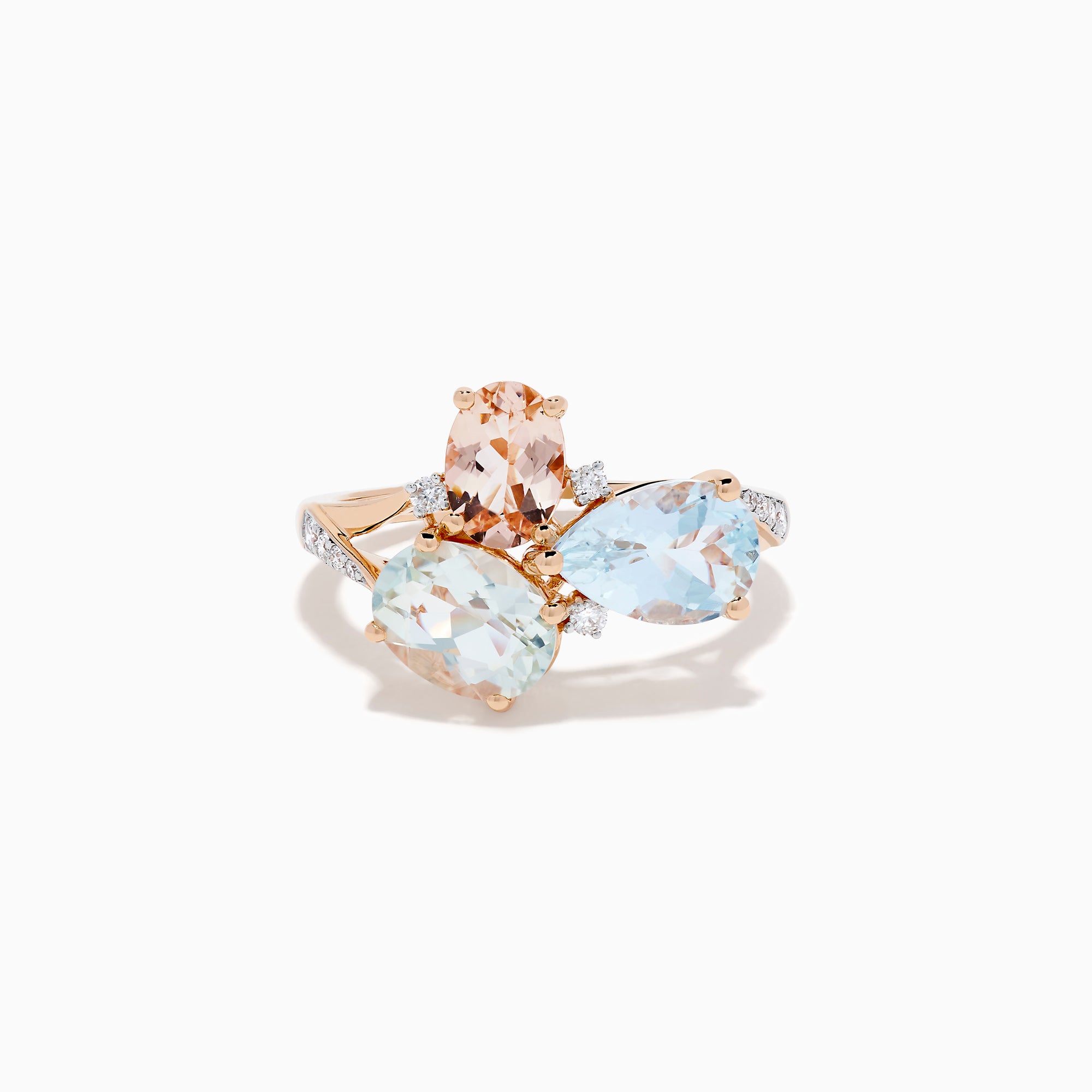 The 14K Rose Gold Semi Precious Mix Stone and Diamond Ring features three bold gemstones in peach, light green, and light blue, accented with diamonds on a rose gold band. Displayed on a white background.