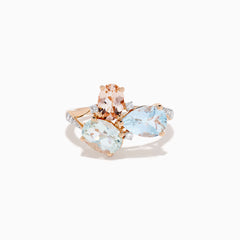 The 14K Rose Gold Semi Precious Mix Stone and Diamond Ring features three bold gemstones in peach, light green, and light blue, accented with diamonds on a rose gold band. Displayed on a white background.