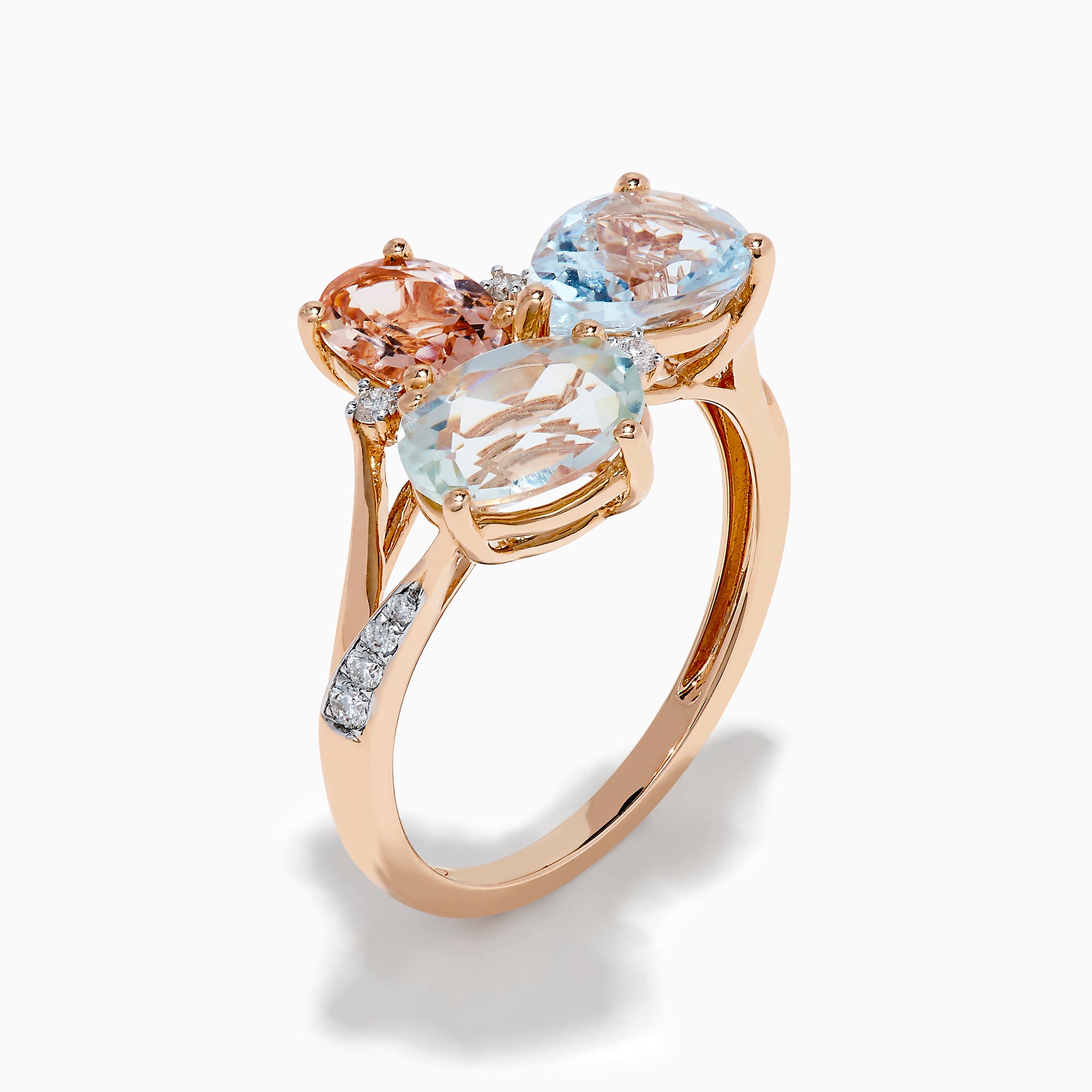 The 14K Rose Gold Semi Precious Mix Stone and Diamond Ring features three bold gemstones in peach, light green, and light blue, accented with diamonds on a rose gold band. Displayed on a white background.