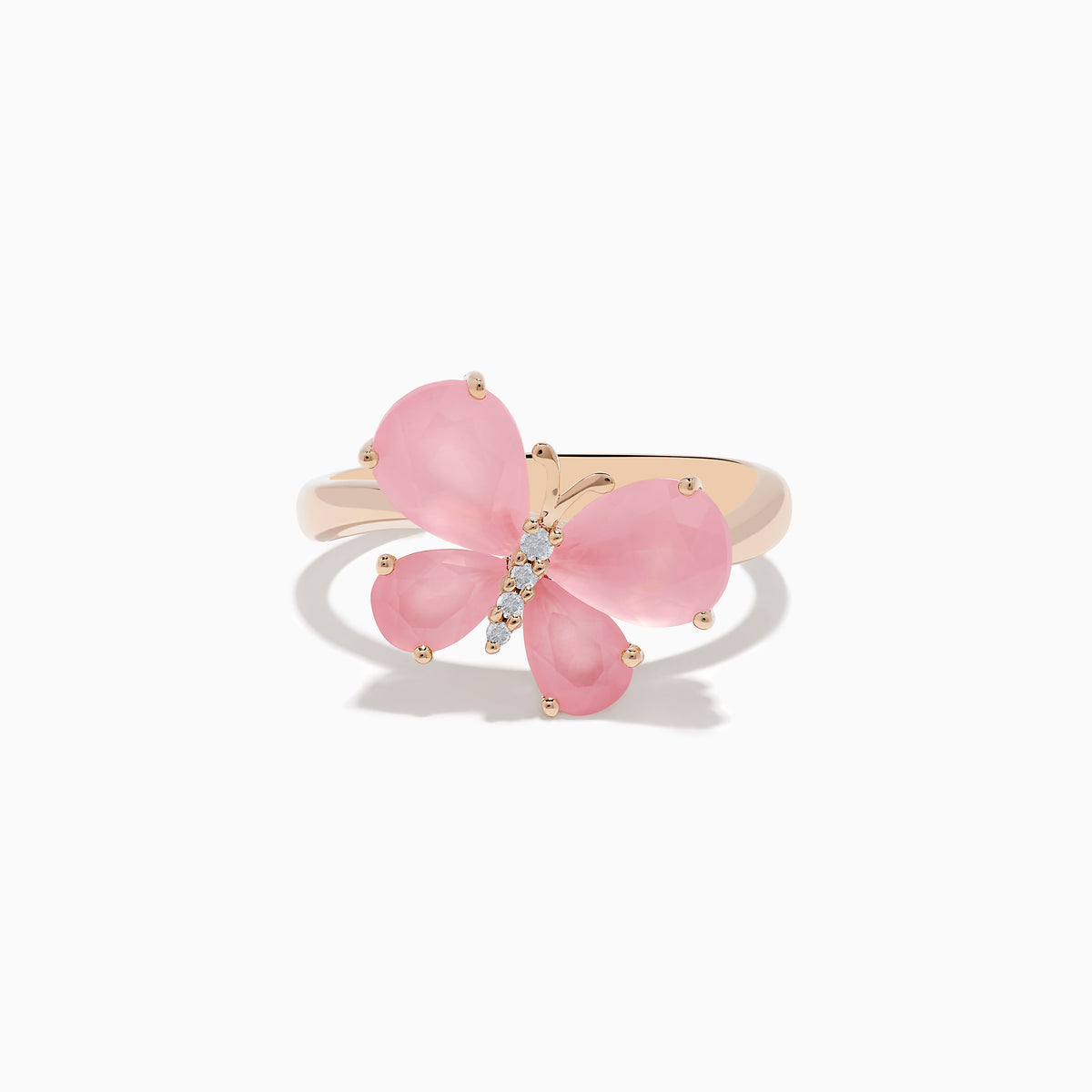 The 14K Rose Gold Rose Quartz and Diamond Butterfly Ring showcases a pink butterfly with gemstone accents and hints of rose quartz, set against a white background.
