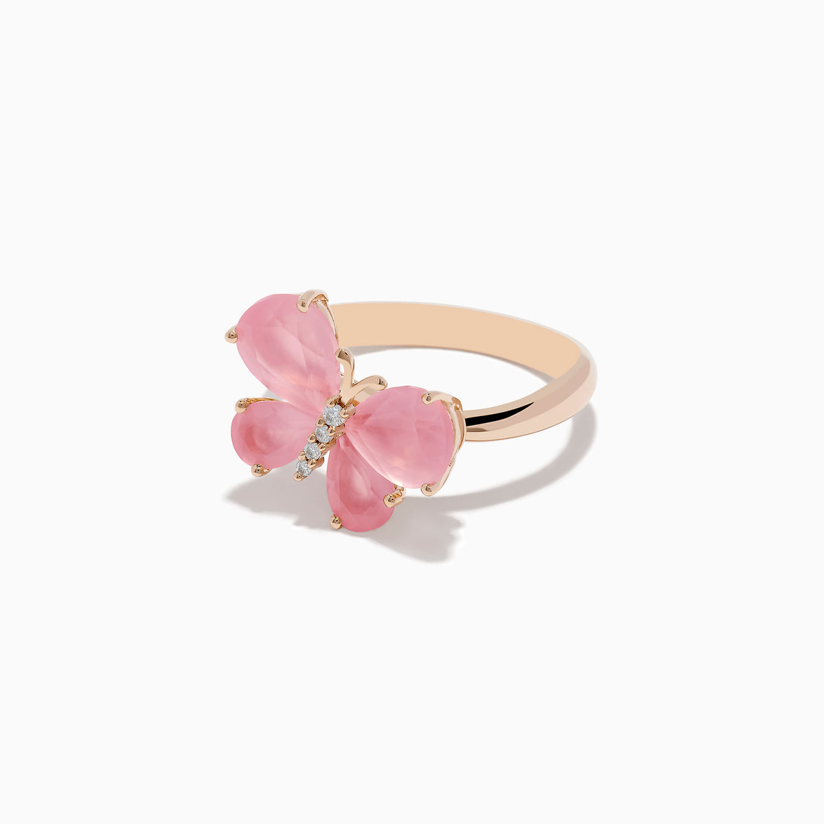 The 14K Rose Gold Rose Quartz and Diamond Butterfly Ring showcases a pink butterfly with gemstone accents and hints of rose quartz, set against a white background.
