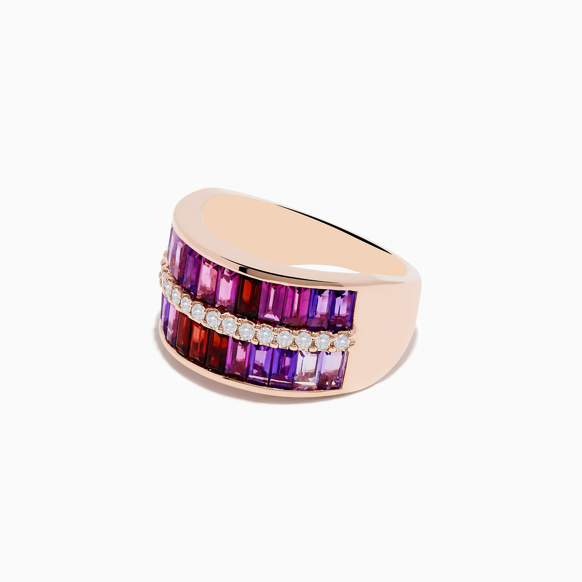 The Mosaic 14K Rose Gold Multi Gemstone and Diamond Band Ring features two rows of purple, pink, and red gemstones separated by sparkling white diamonds, shown on a white background.