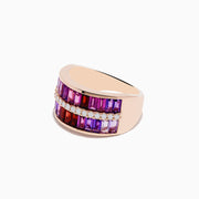 The Mosaic 14K Rose Gold Multi Gemstone and Diamond Band Ring features two rows of purple, pink, and red gemstones separated by sparkling white diamonds, shown on a white background.