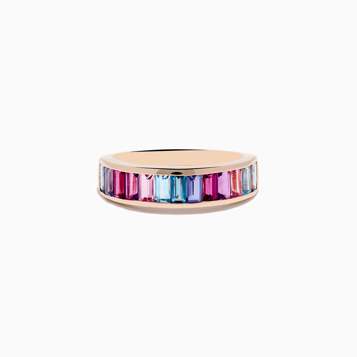 The 14K Rose Gold Multi Color Gemstone Band Ring showcases rectangular gemstones in blue, pink, and purple gradient shades set in a continuous row around the band.