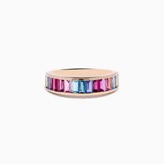 The 14K Rose Gold Multi Color Gemstone Band Ring showcases rectangular gemstones in blue, pink, and purple gradient shades set in a continuous row around the band.