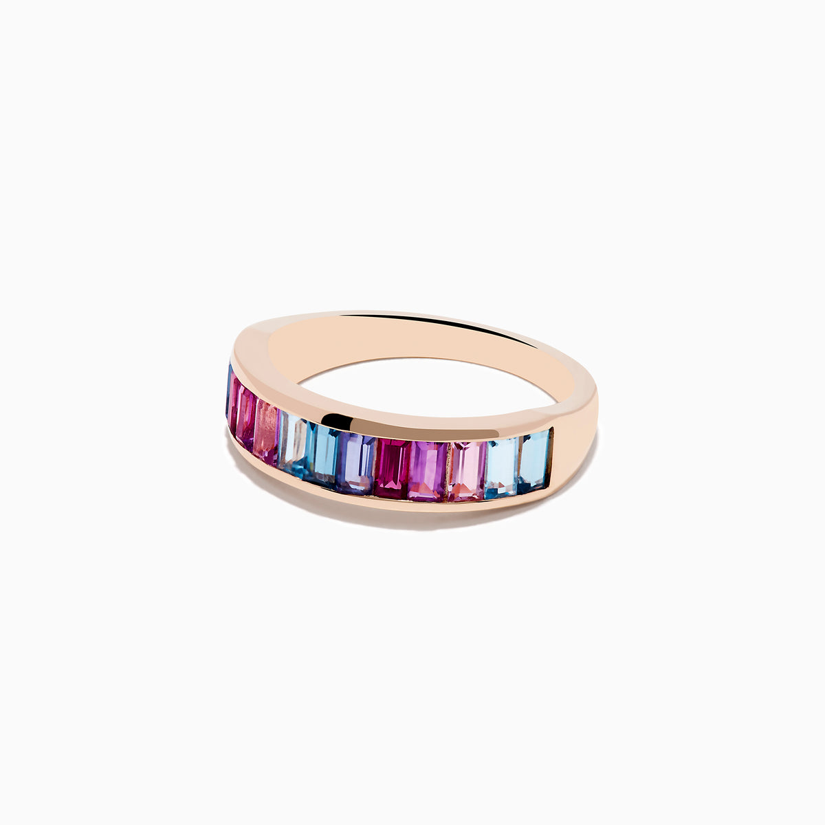 The 14K Rose Gold Multi Color Gemstone Band Ring showcases rectangular gemstones in blue, pink, and purple gradient shades set in a continuous row around the band.