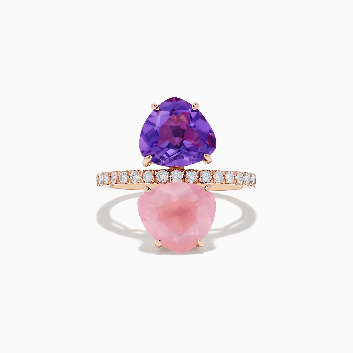 The 14K Rose Gold Amethyst, Rose Quartz, and Diamond Toi Et Moi Ring features a band of small white diamonds with a large pear-shaped amethyst set above a pear-shaped rose quartz, both arranged vertically.