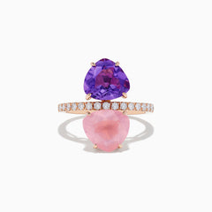 The 14K Rose Gold Amethyst, Rose Quartz, and Diamond Toi Et Moi Ring features a band of small white diamonds with a large pear-shaped amethyst set above a pear-shaped rose quartz, both arranged vertically.