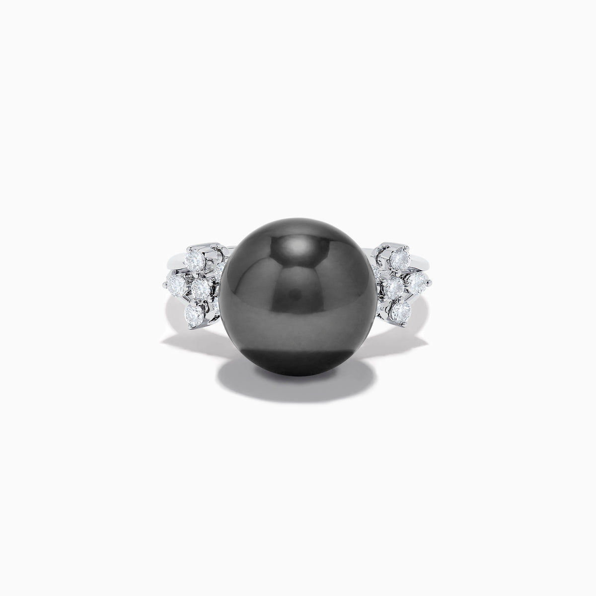 The 14K White Gold Tahitian Pearl and Diamond Ring showcases a large round Tahitian pearl at the center, accented by sparkling diamonds on each side, all set against a plain white background.
