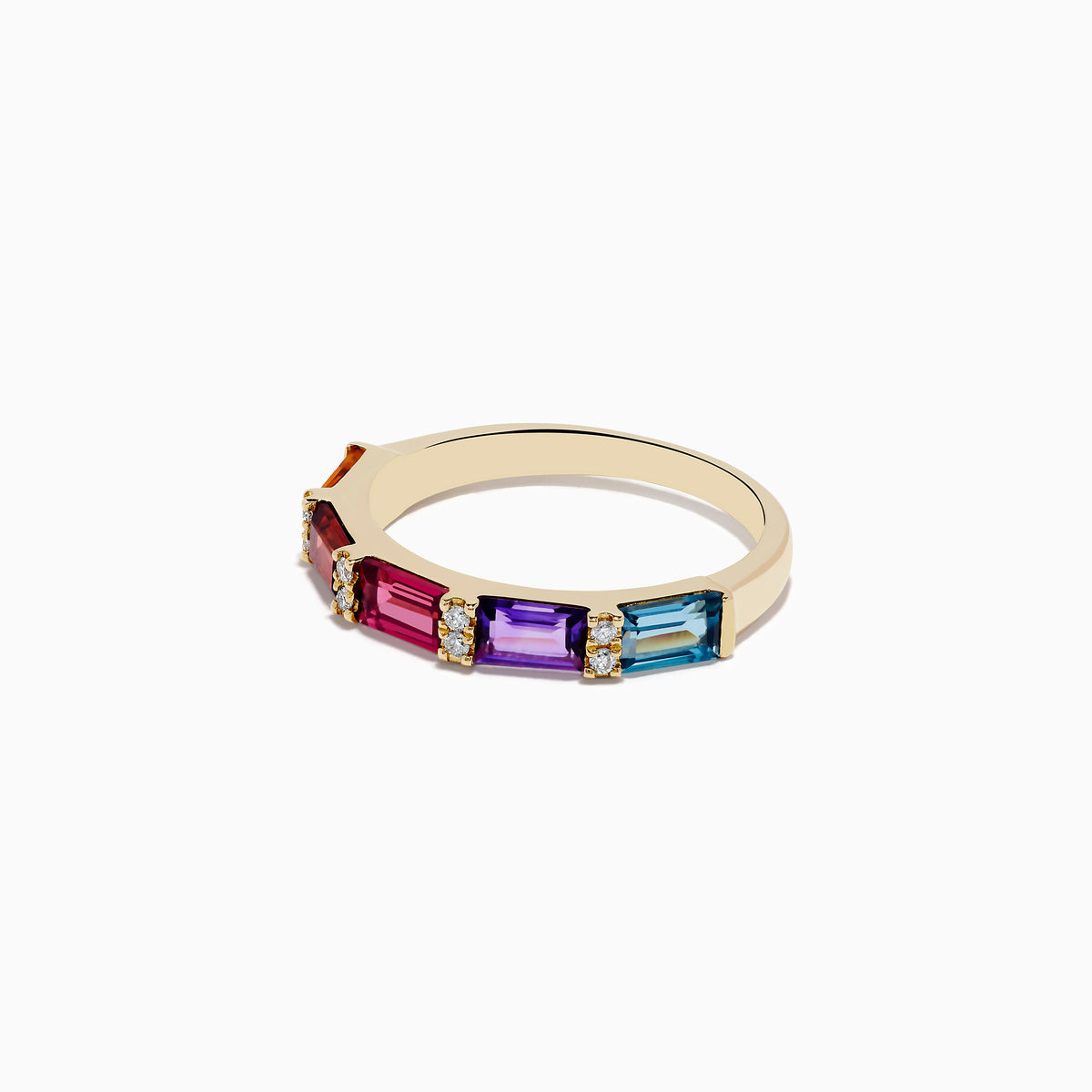 The Mosaic 14K Yellow Gold Multi Gemstone Ring showcases rectangular orange, red, pink, purple, and blue gems, each separated by small round diamonds against a plain white background.