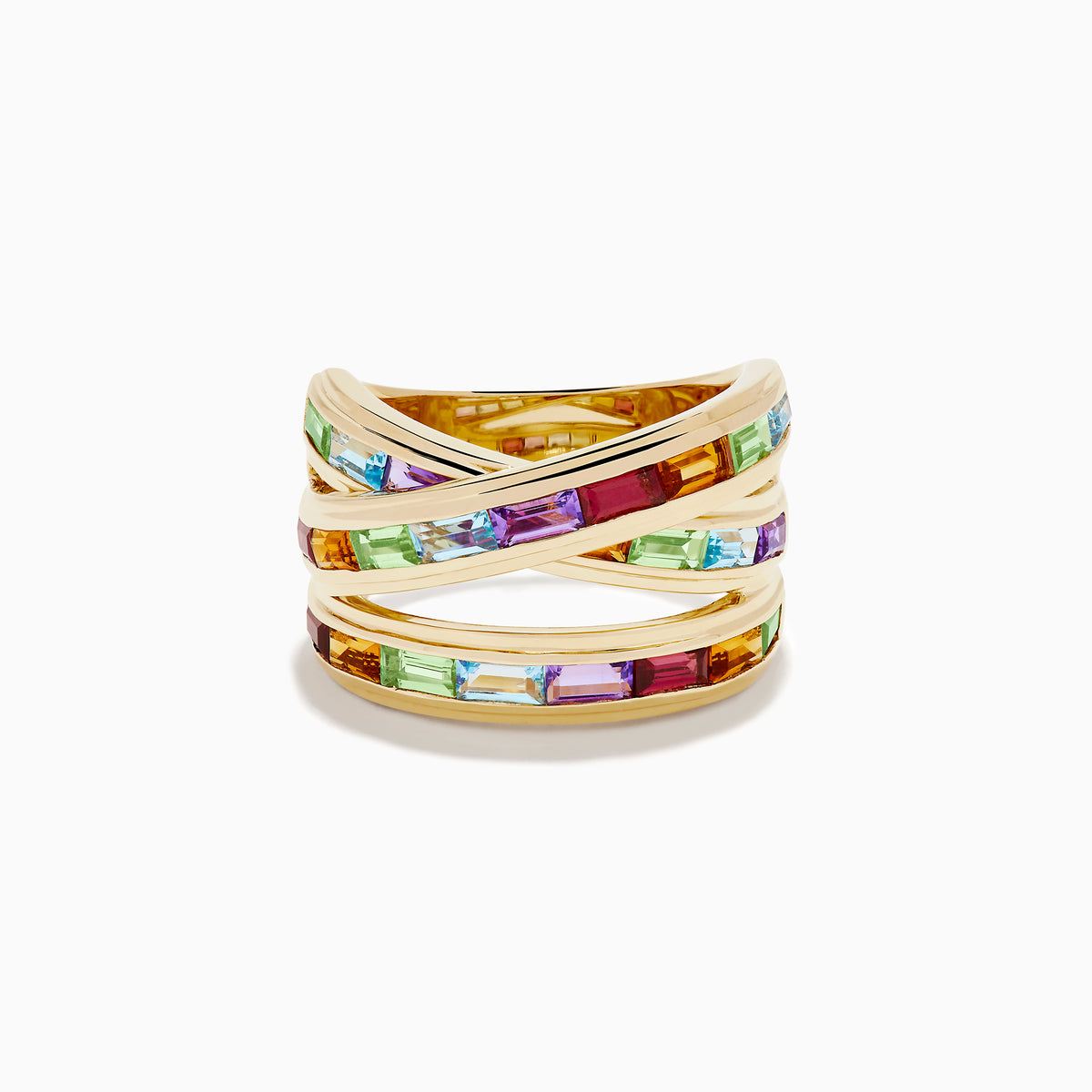 14K Yellow Gold Multi Color Gemstone Crossover Ring