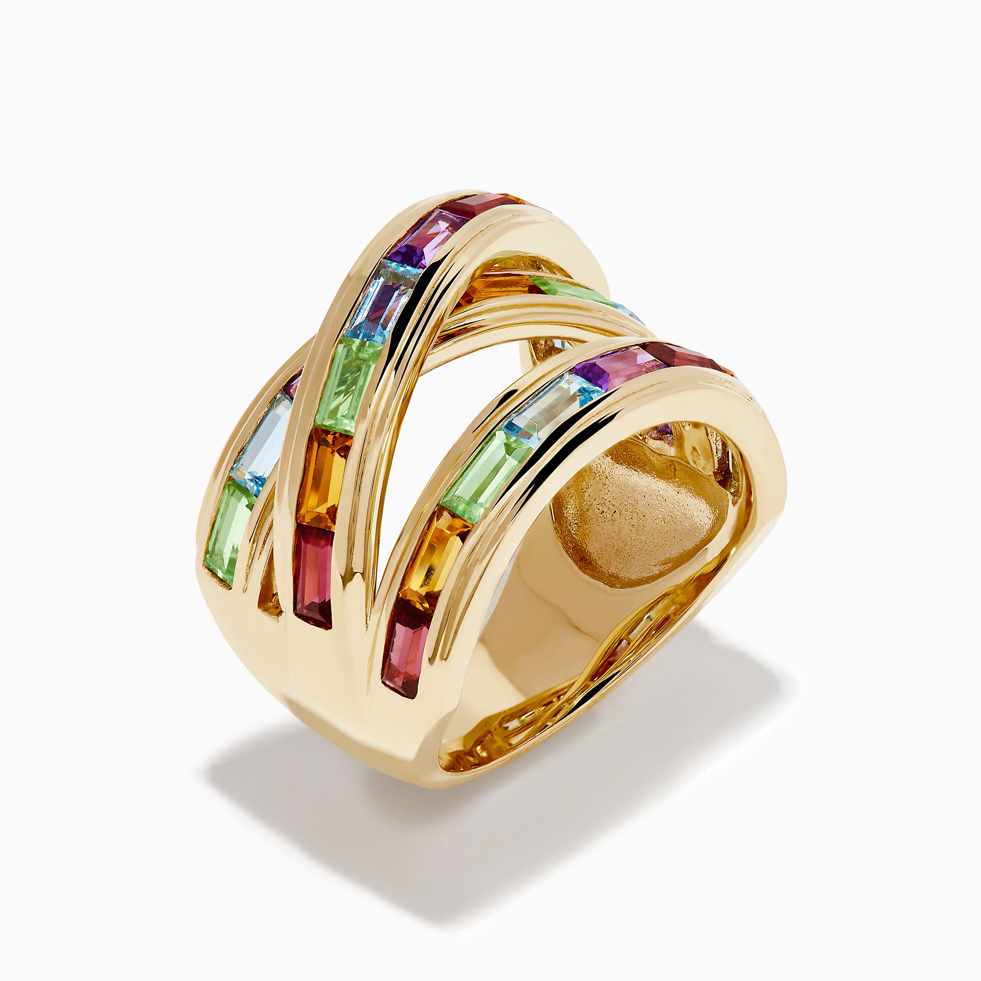 14K Yellow Gold Multi Color Gemstone Crossover Ring