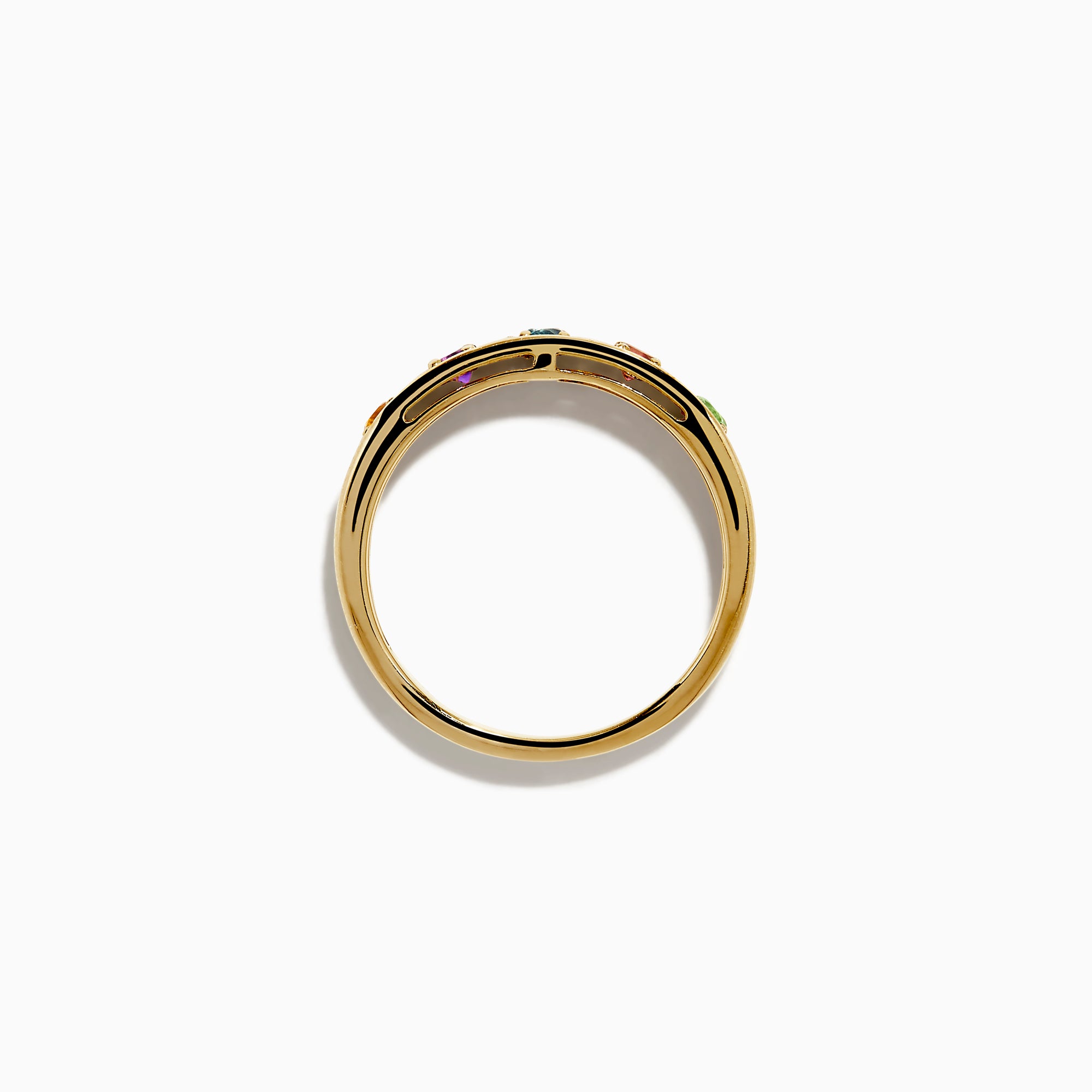 The 14K Yellow Gold Multi Colored Gemstone Band features five square gemstones—orange, purple, blue, red, and green—set in a vibrant row across the yellow gold band.