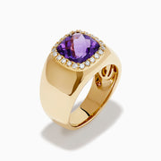 14K Yellow Gold Amethyst and Diamond Cushion Halo Signet Ring