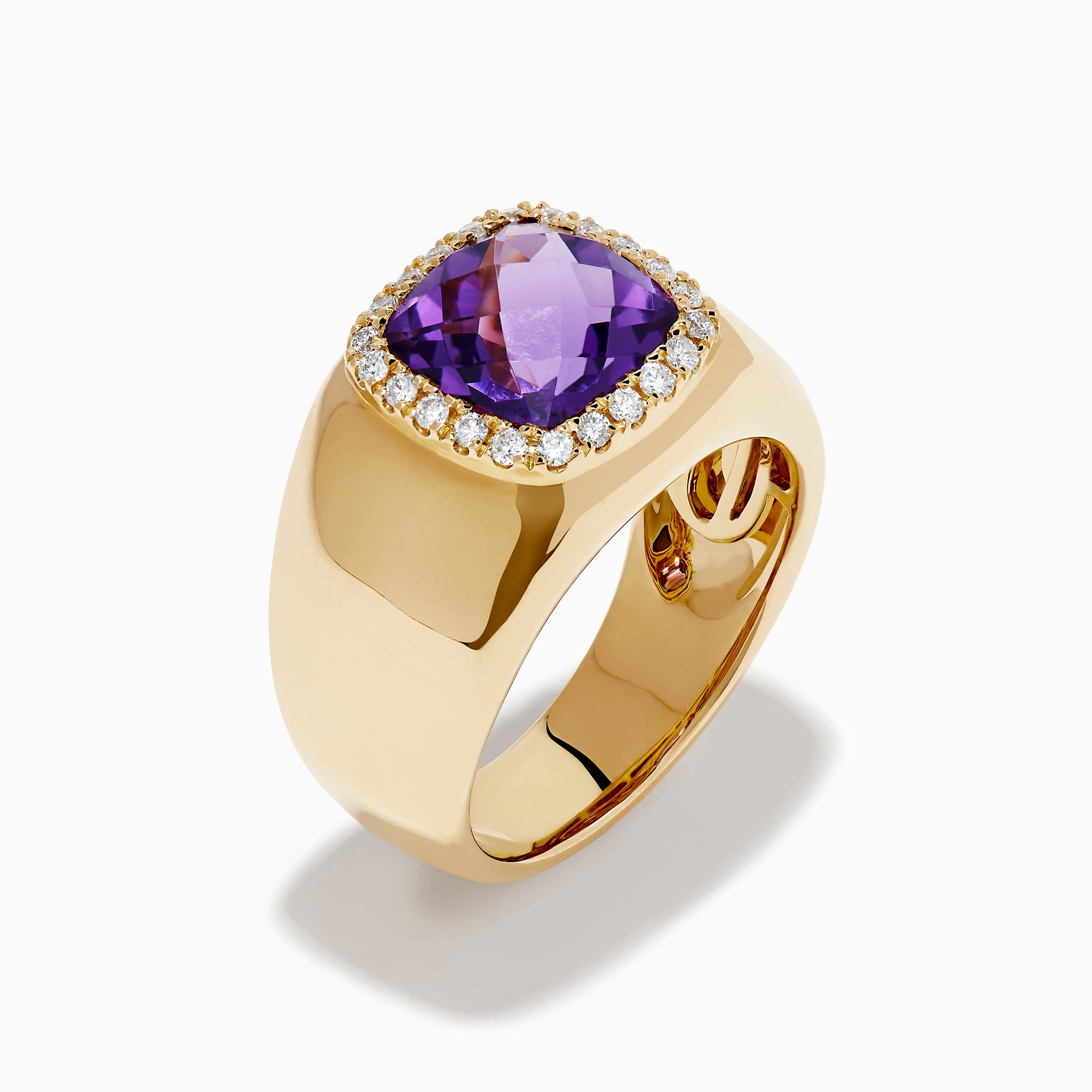 14K Yellow Gold Amethyst and Diamond Cushion Halo Signet Ring