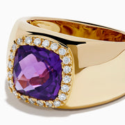 14K Yellow Gold Amethyst and Diamond Cushion Halo Signet Ring