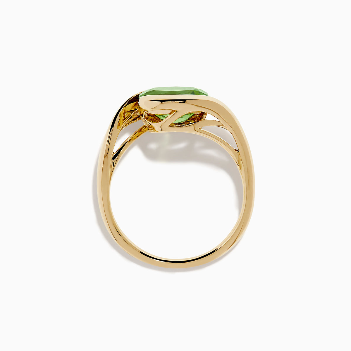 The 14K Yellow Gold Bypass Peridot Ring features a large round faceted green peridot centered on an elegant modern twisting band.
