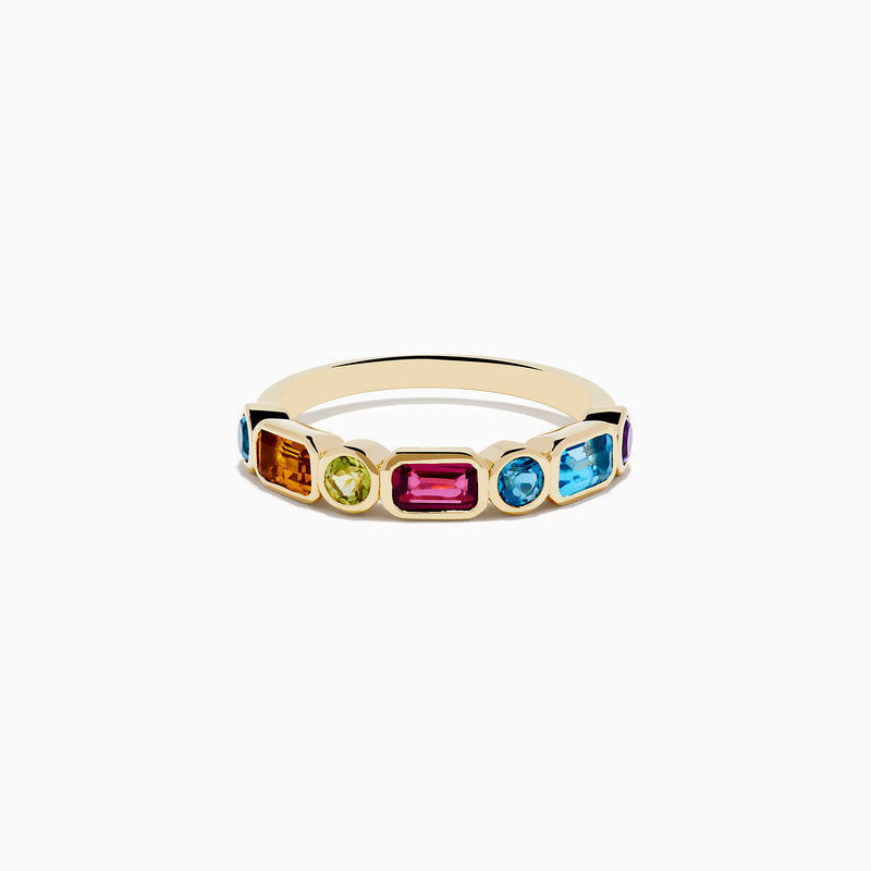 The Mosaic 14K Yellow Gold Multi Color Gemstone Bezel Ring features rectangular and oval blue, green, pink, orange, and purple gemstones evenly spaced around the band.