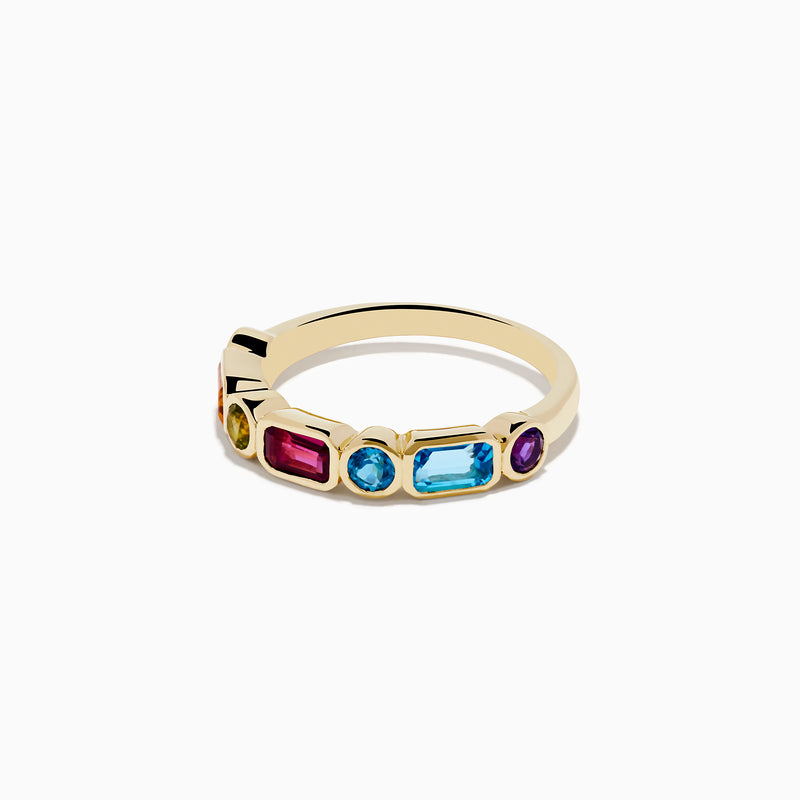 The Mosaic 14K Yellow Gold Multi Color Gemstone Bezel Ring features rectangular and oval blue, green, pink, orange, and purple gemstones evenly spaced around the band.