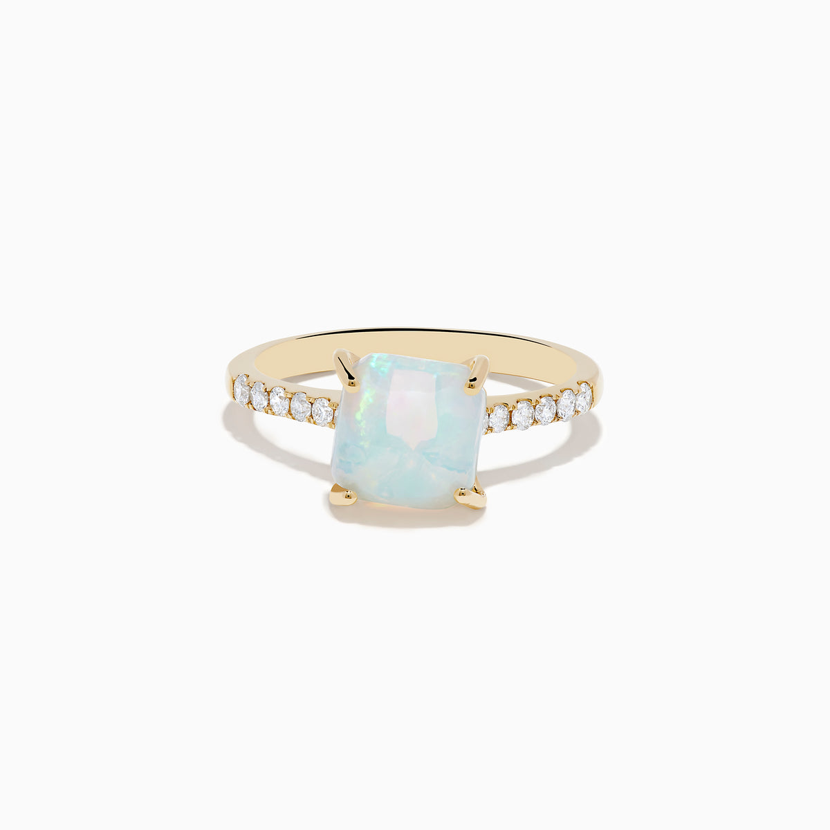 The Aurora 14K Yellow Gold Opal and Diamond Ring features a rectangular opal center accented by small round diamonds along the band, shown against a white background.
