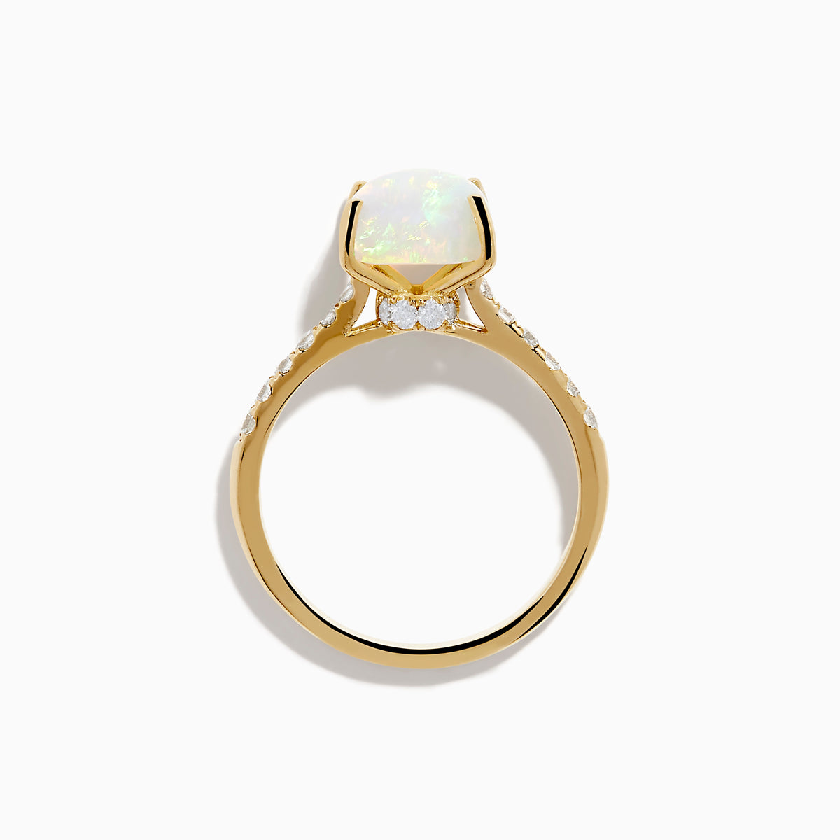 The Aurora 14K Yellow Gold Opal and Diamond Ring features a rectangular opal center accented by small round diamonds along the band, shown against a white background.
