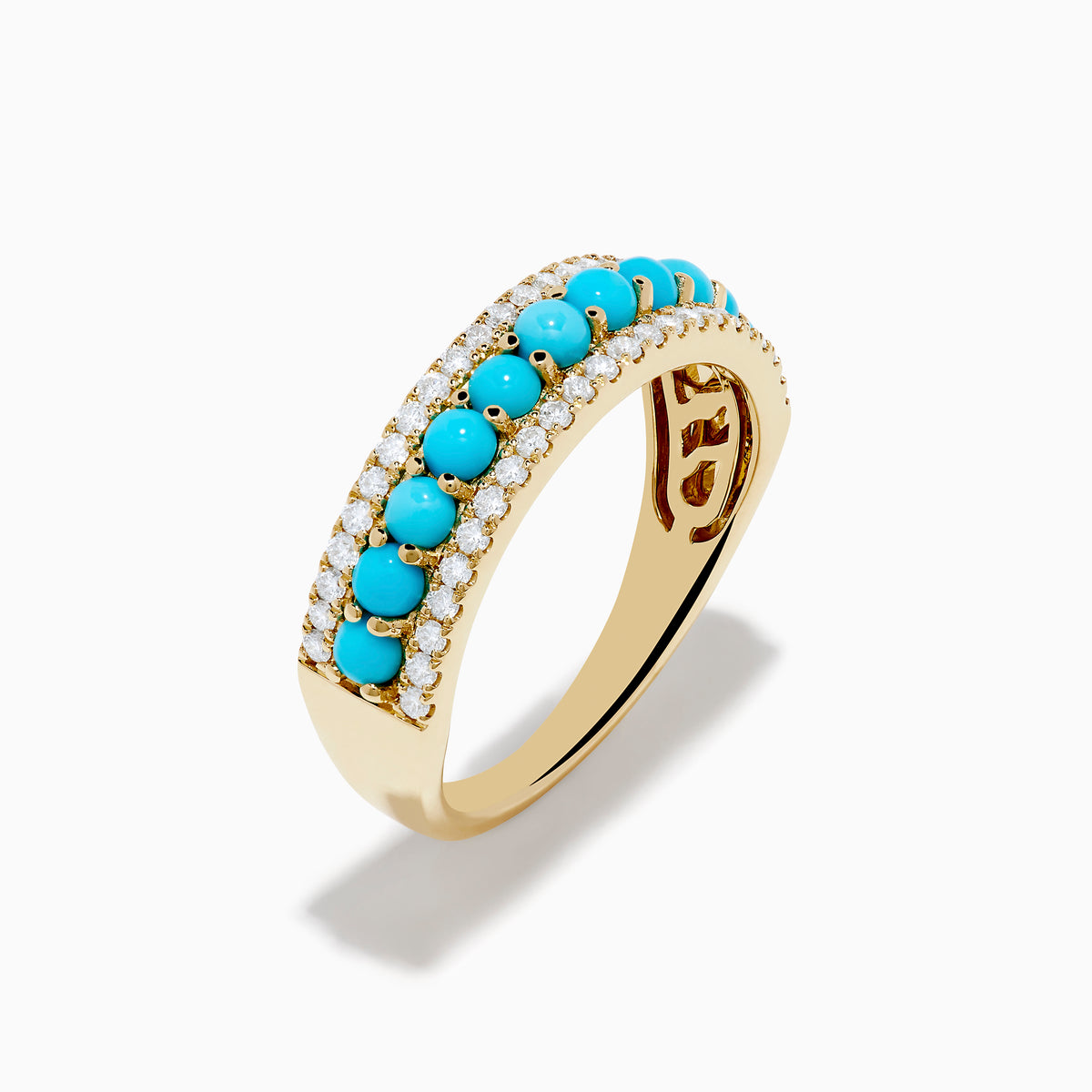 The 14K Yellow Gold Turquoise and Diamond Wedding Band showcases a central row of turquoise beads bordered by sparkling white diamonds, photographed on a white background.