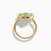 The 14K Yellow Gold Peridot and Diamond Ring displays a clover-shaped design with four faceted green peridots and a central round diamond, shown against a white background.