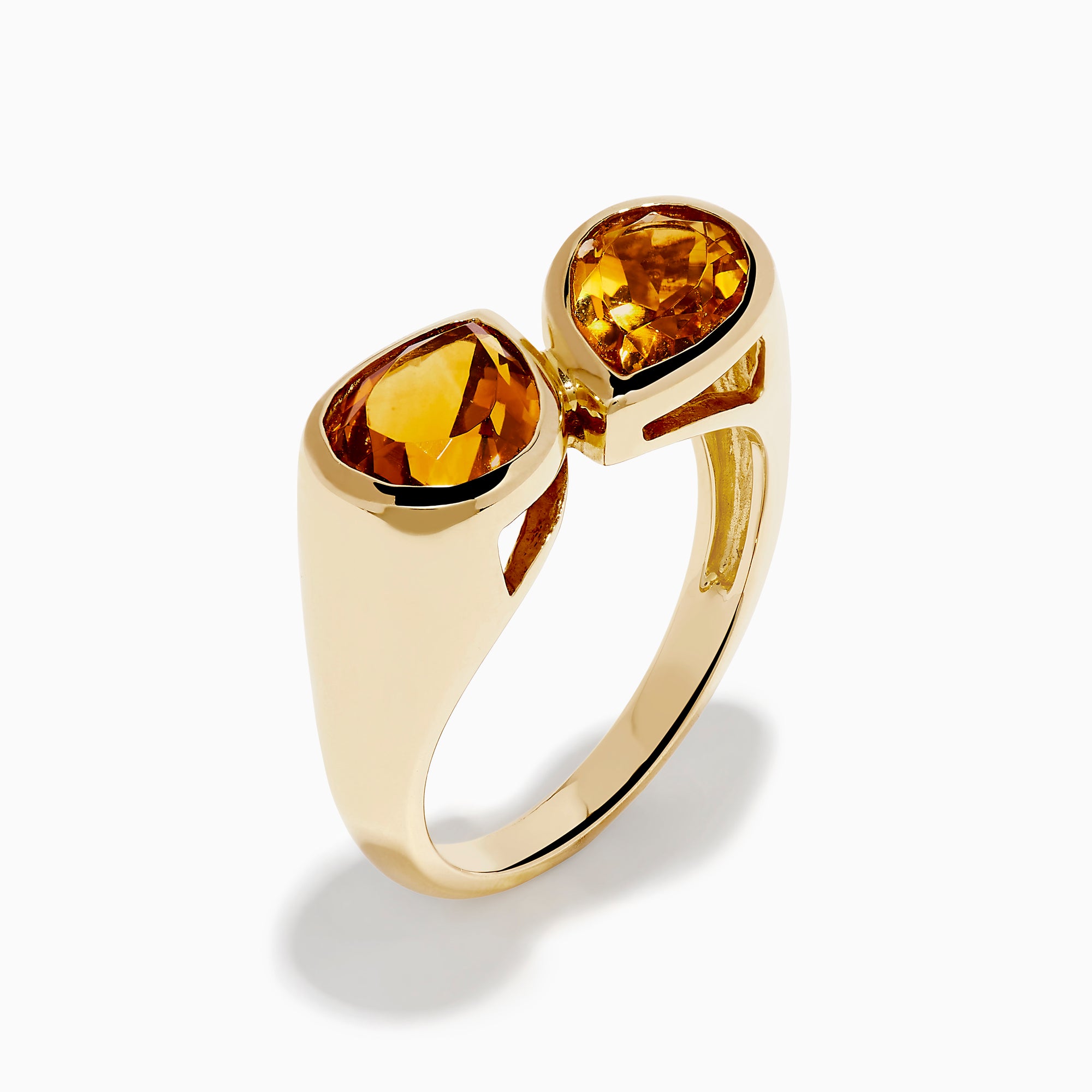 The Sunset 14K Yellow Gold Citrine Bypass Ring showcases two pear-shaped citrine gemstones set side by side on a yellow gold band.