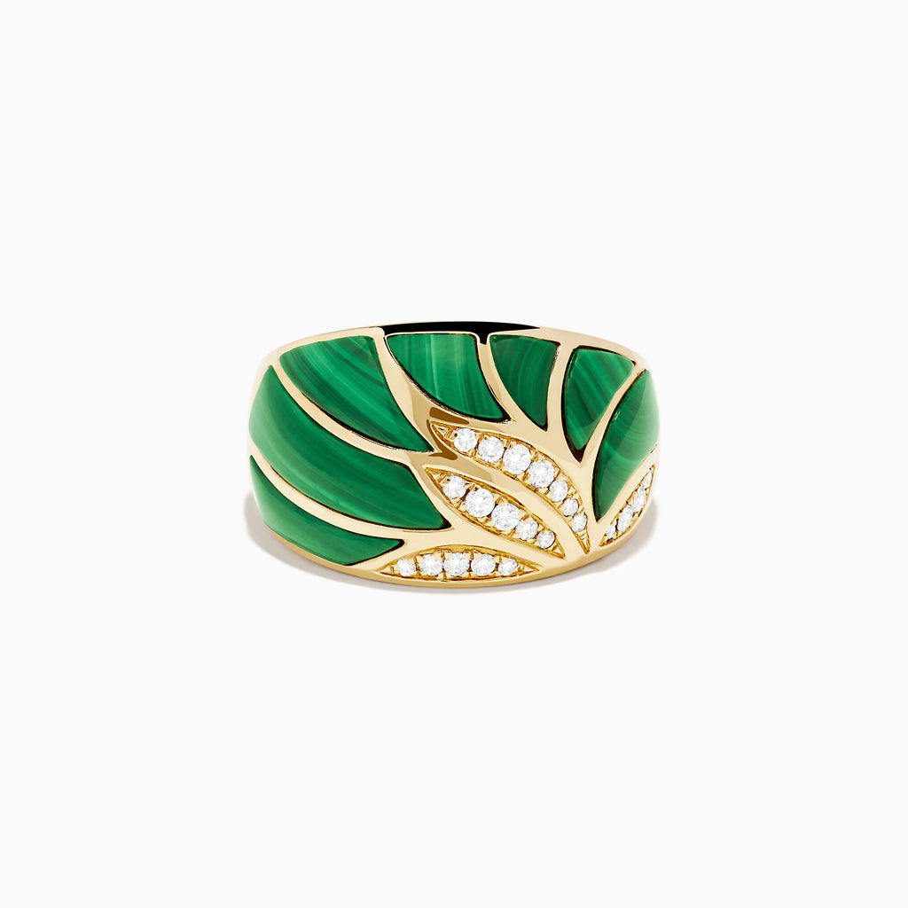 The 14K Yellow Gold Malachite and Diamond Inlay Ring showcases a bold green malachite leaf design accented by sparkling white diamonds, all set against a white background.