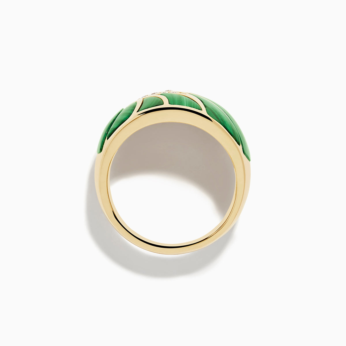 The 14K Yellow Gold Malachite and Diamond Inlay Ring showcases a bold green malachite leaf design accented by sparkling white diamonds, all set against a white background.