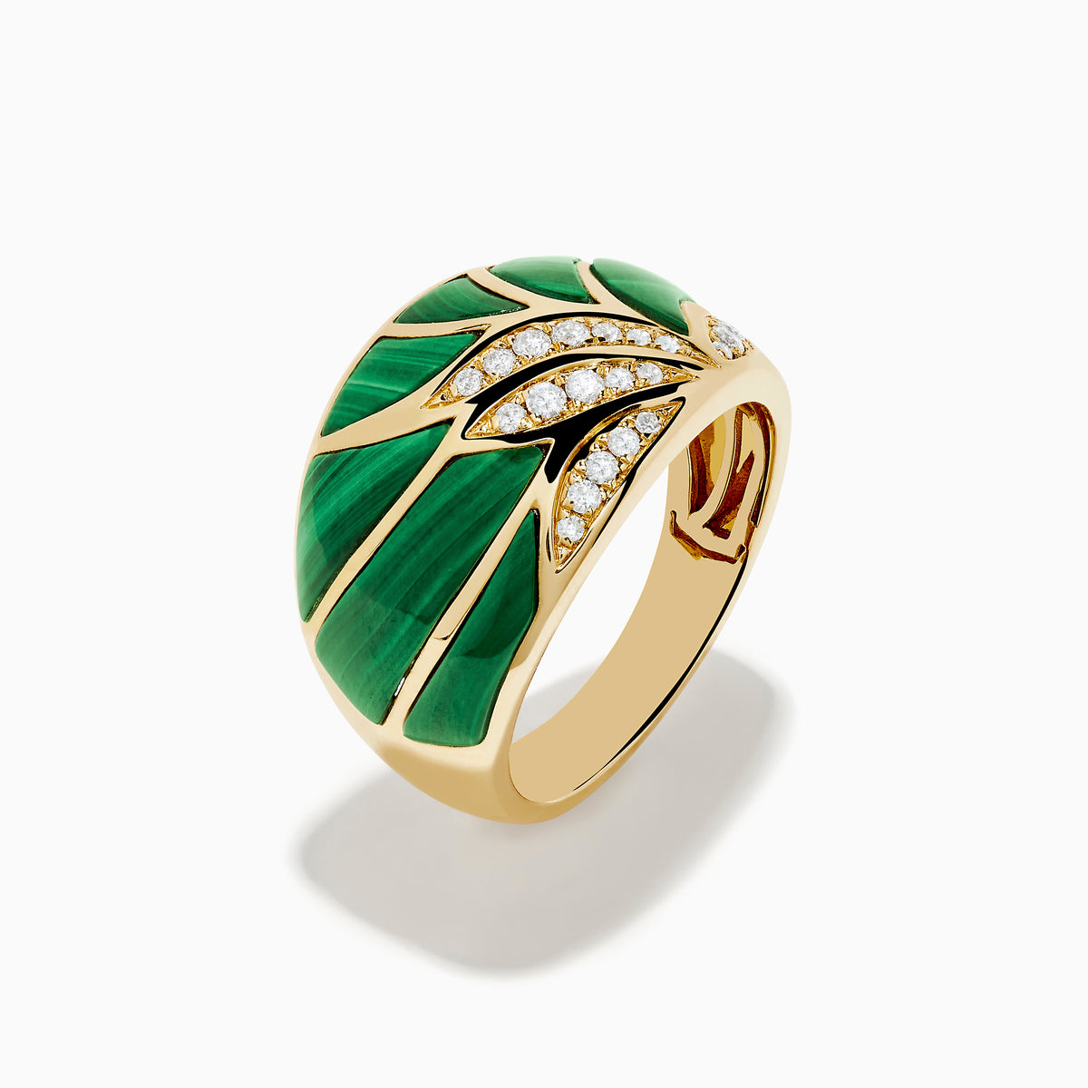 The 14K Yellow Gold Malachite and Diamond Inlay Ring showcases a bold green malachite leaf design accented by sparkling white diamonds, all set against a white background.