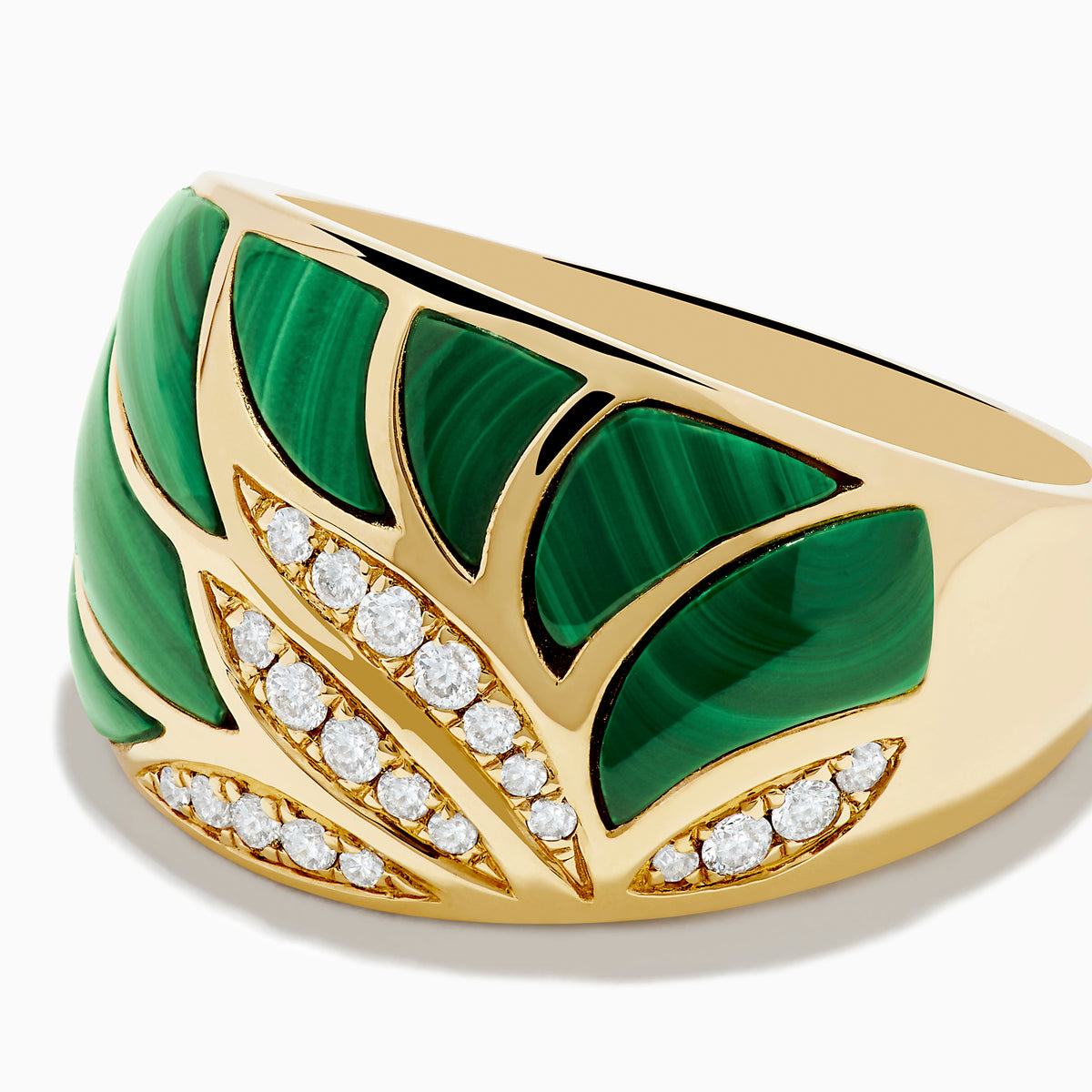 The 14K Yellow Gold Malachite and Diamond Inlay Ring showcases a bold green malachite leaf design accented by sparkling white diamonds, all set against a white background.