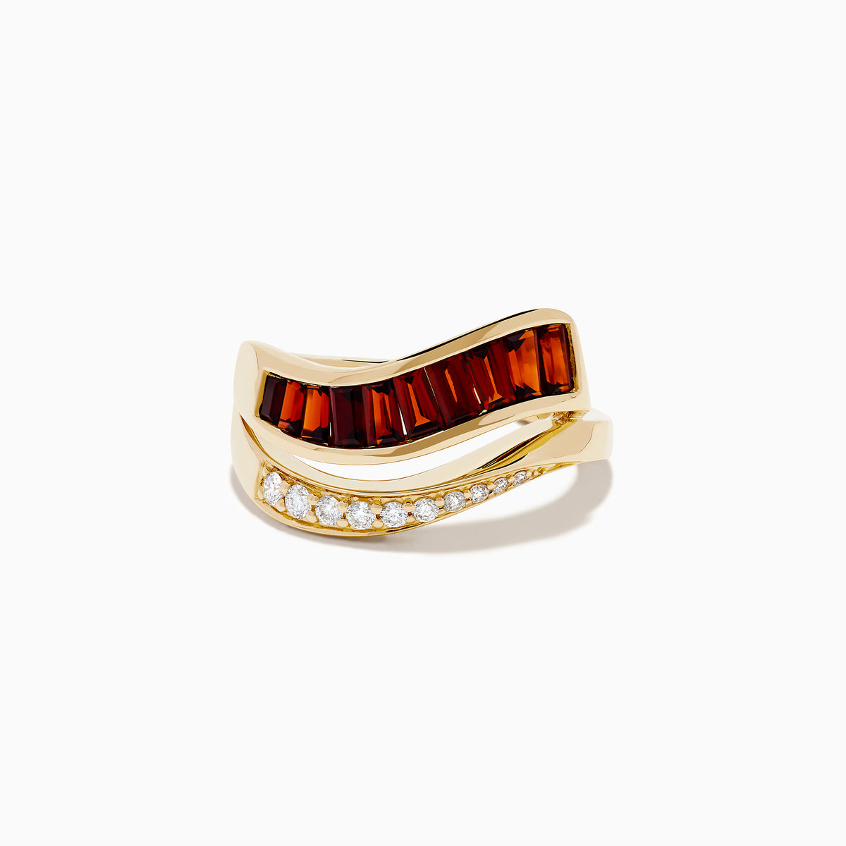 The 14K Yellow Gold Garnet and Diamond Wavy Band features a unique design with one band set with rectangular garnets and the other adorned with round white diamonds.