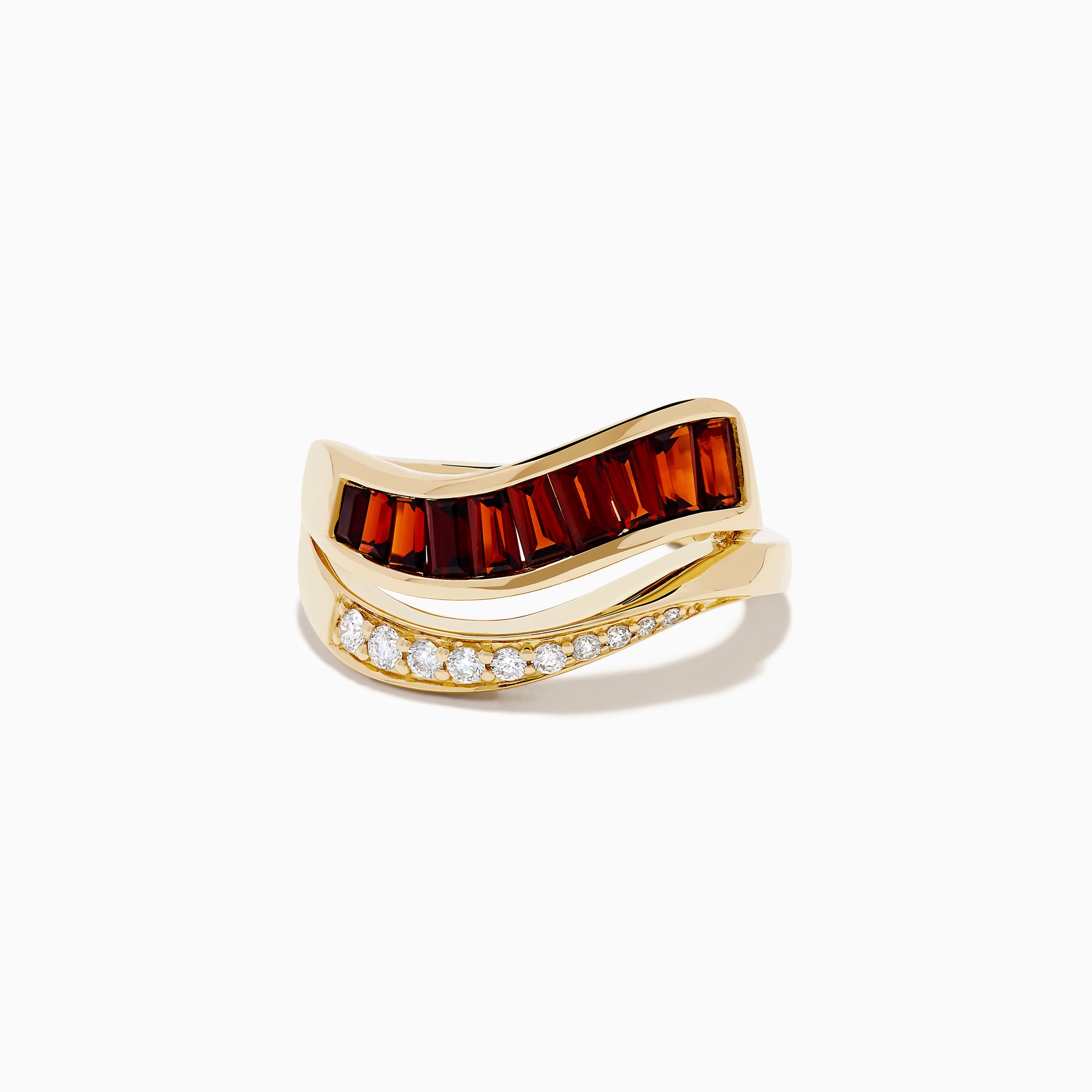 The 14K Yellow Gold Garnet and Diamond Wavy Band features a unique design with one band set with rectangular garnets and the other adorned with round white diamonds.