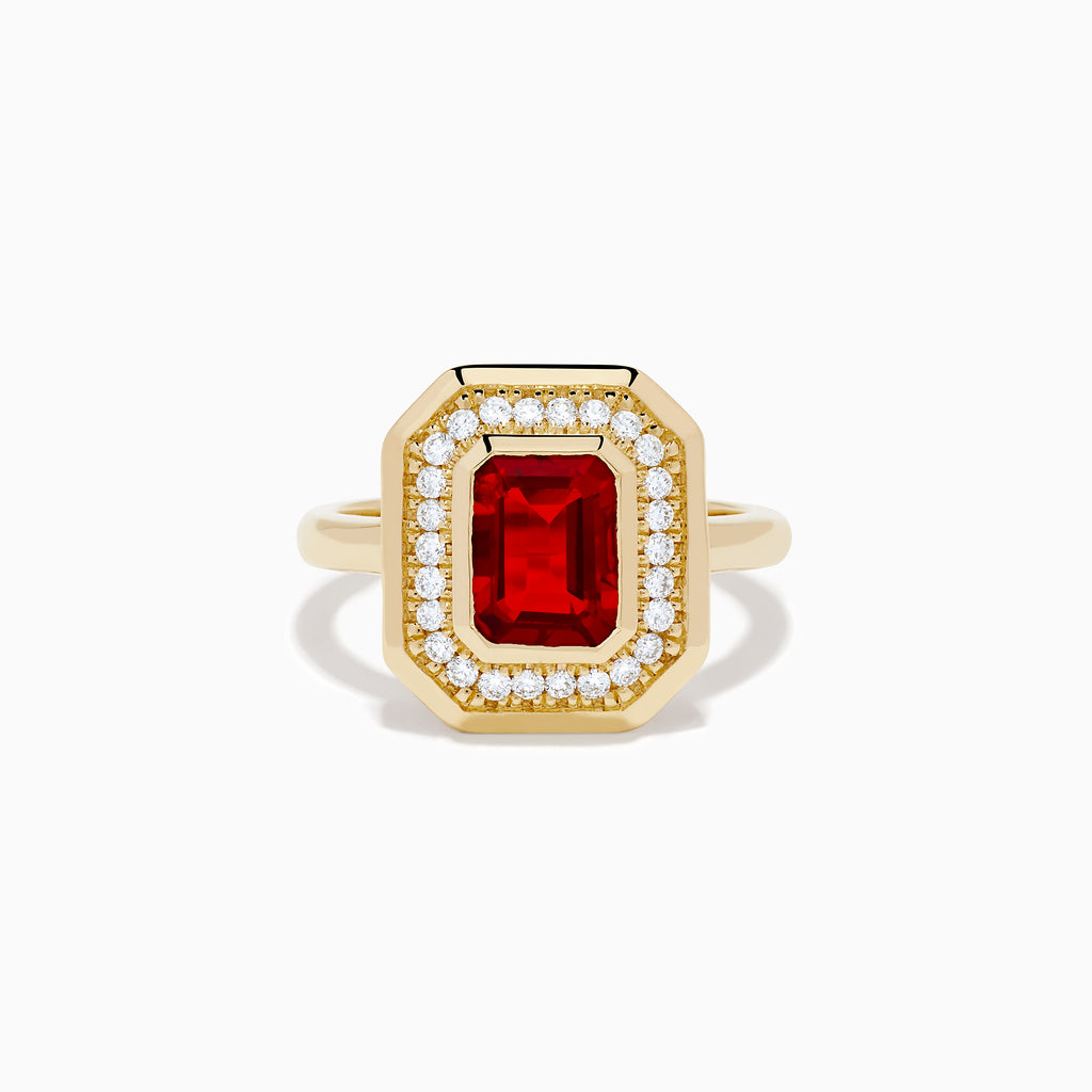 14K Yellow Gold Fire Opal and Diamond Emerald-Cut Halo Ring