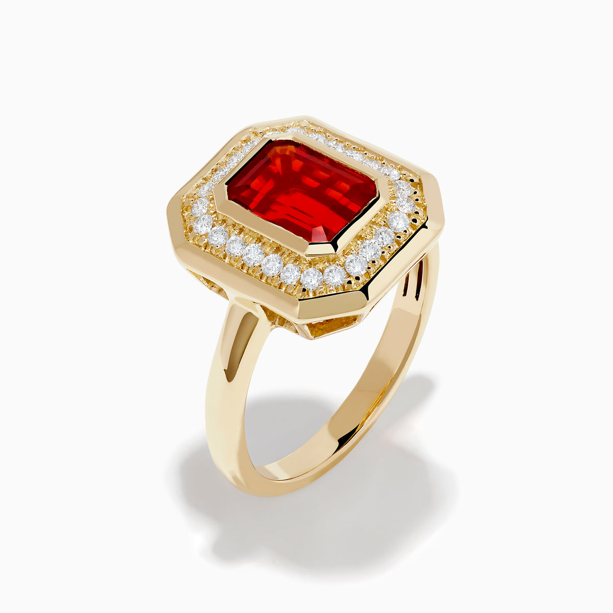 14K Yellow Gold Fire Opal and Diamond Emerald-Cut Halo Ring