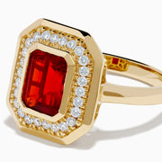 14K Yellow Gold Fire Opal and Diamond Emerald-Cut Halo Ring