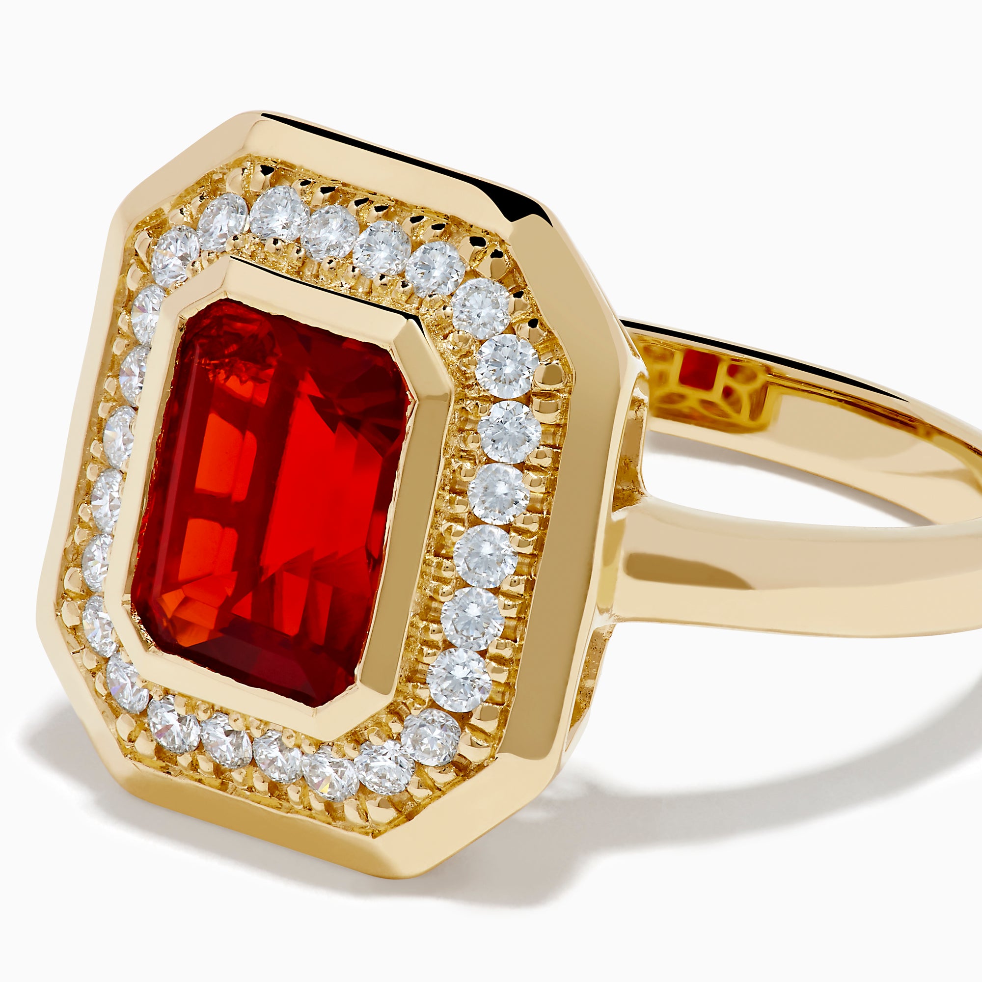14K Yellow Gold Fire Opal and Diamond Emerald-Cut Halo Ring