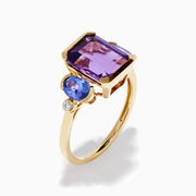 14K Yellow Gold Amethyst, Tanzanite and Diamond Three-Stone Ring