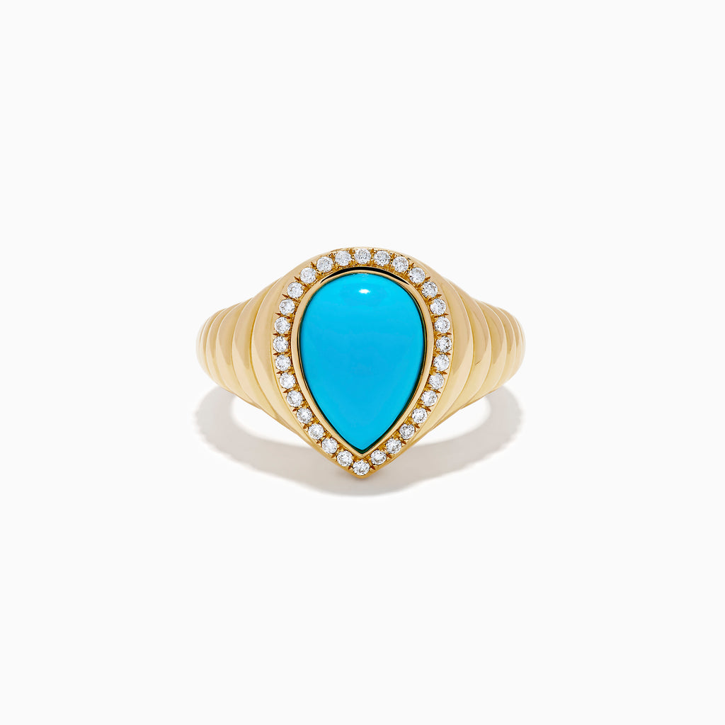 The 14K Yellow Gold Turquoise and Diamond Pear Halo Dome Ring features a teardrop-shaped turquoise center stone, encircled by a sparkling halo of small diamonds in a pear-shaped design, displayed on a white background.