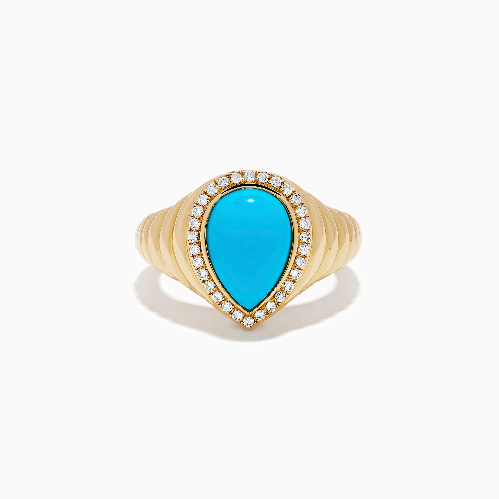 The 14K Yellow Gold Turquoise and Diamond Pear Halo Dome Ring features a teardrop-shaped turquoise center stone, encircled by a sparkling halo of small diamonds in a pear-shaped design, displayed on a white background.