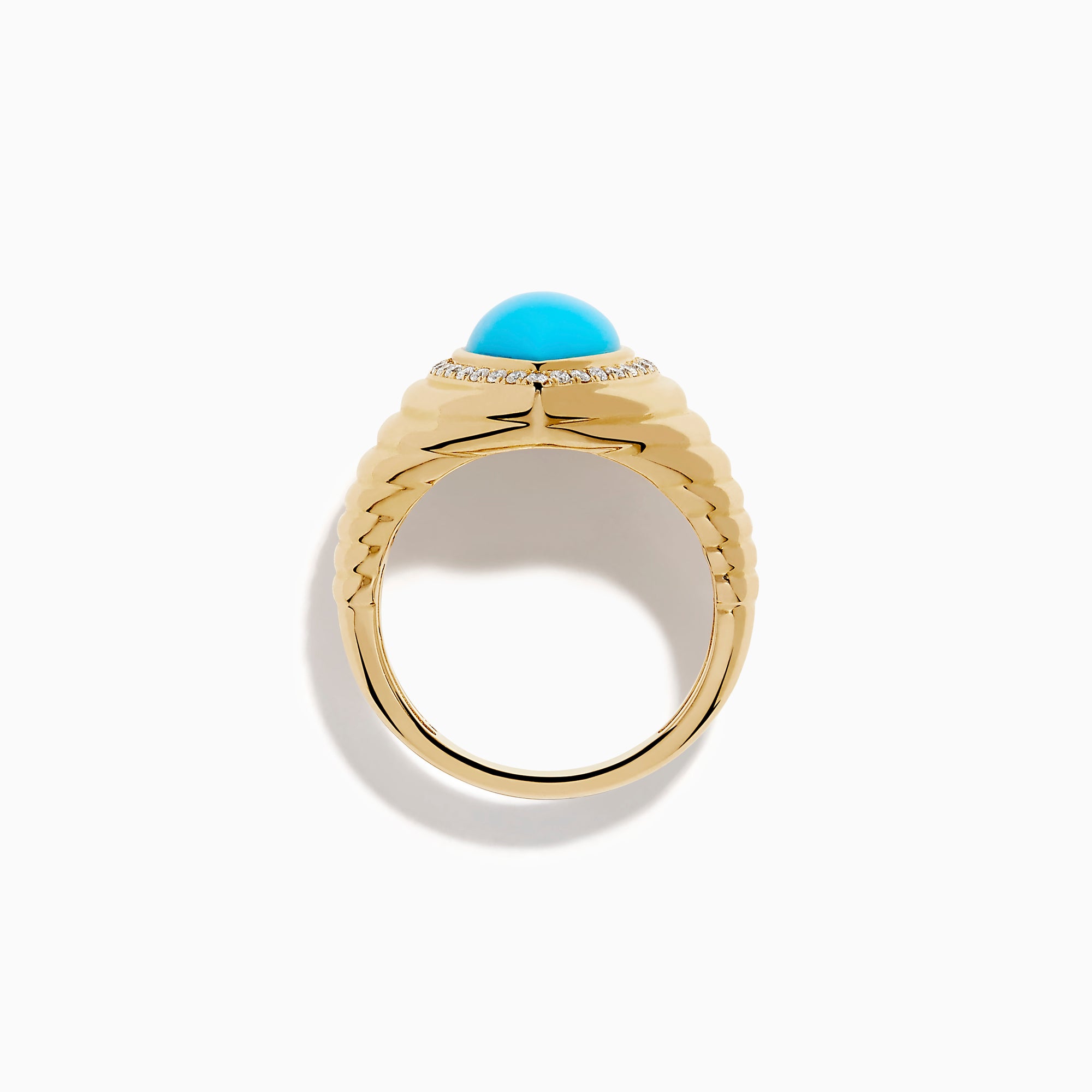 The 14K Yellow Gold Turquoise and Diamond Pear Halo Dome Ring features a teardrop-shaped turquoise center stone, encircled by a sparkling halo of small diamonds in a pear-shaped design, displayed on a white background.