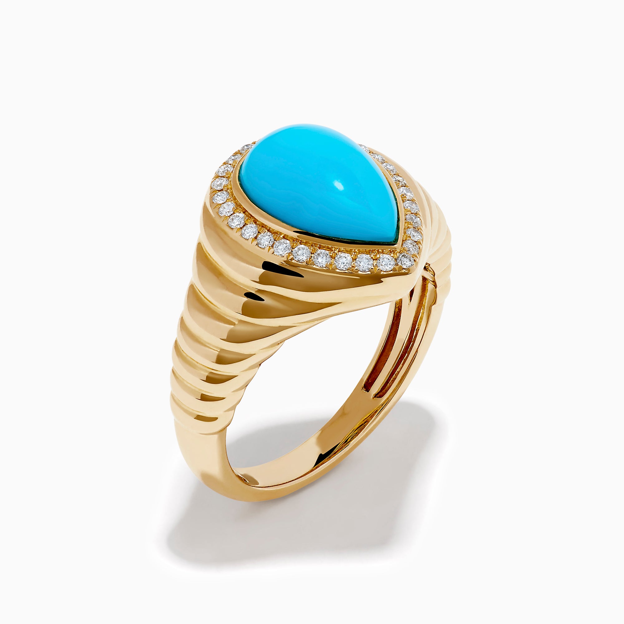 The 14K Yellow Gold Turquoise and Diamond Pear Halo Dome Ring features a teardrop-shaped turquoise center stone, encircled by a sparkling halo of small diamonds in a pear-shaped design, displayed on a white background.