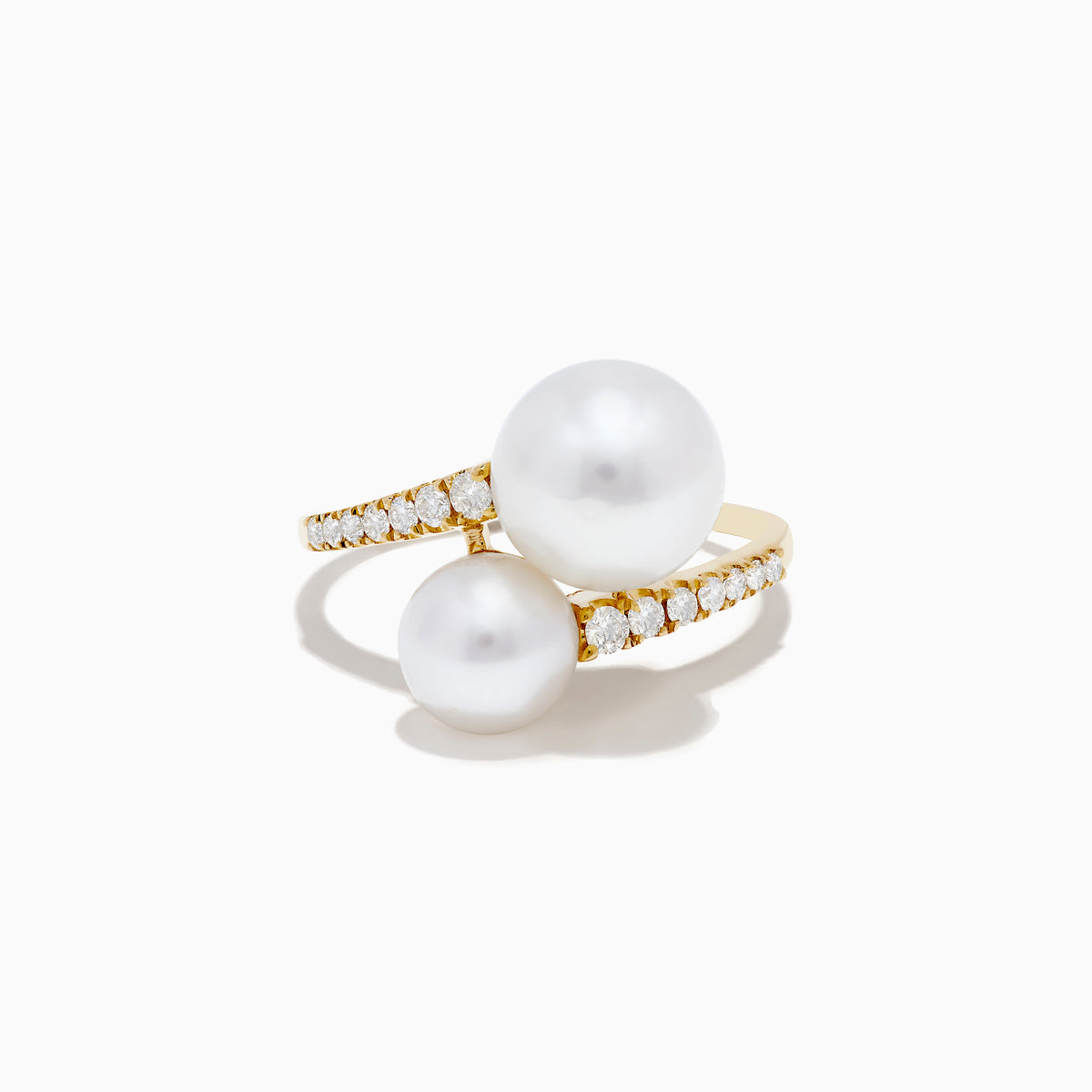 The 14K Yellow Gold Fresh Water Pearl and Diamond Bypass Ring features two large pearls and a band accented with sparkling diamonds, beautifully displayed against a white background.