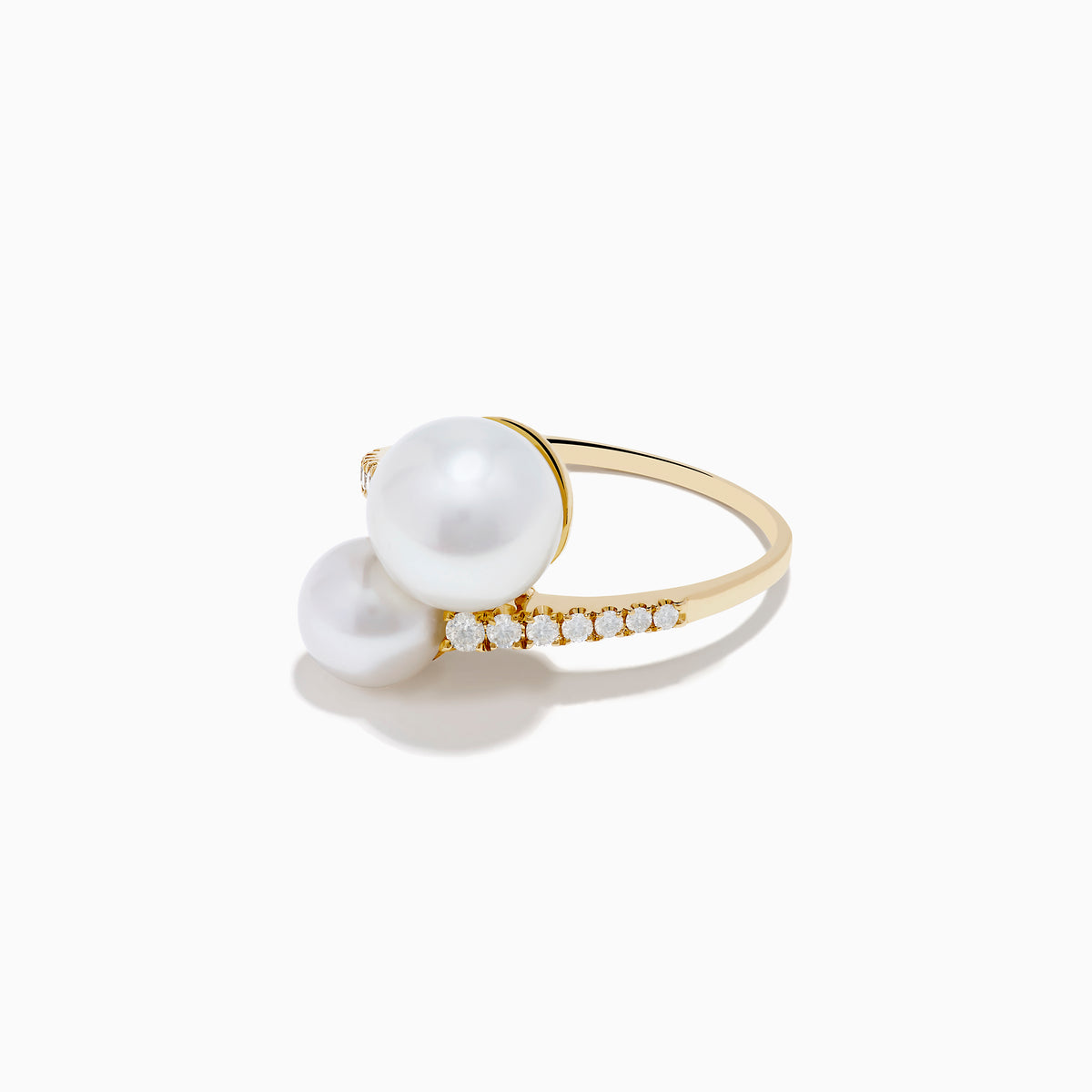 The 14K Yellow Gold Fresh Water Pearl and Diamond Bypass Ring features two large pearls and a band accented with sparkling diamonds, beautifully displayed against a white background.