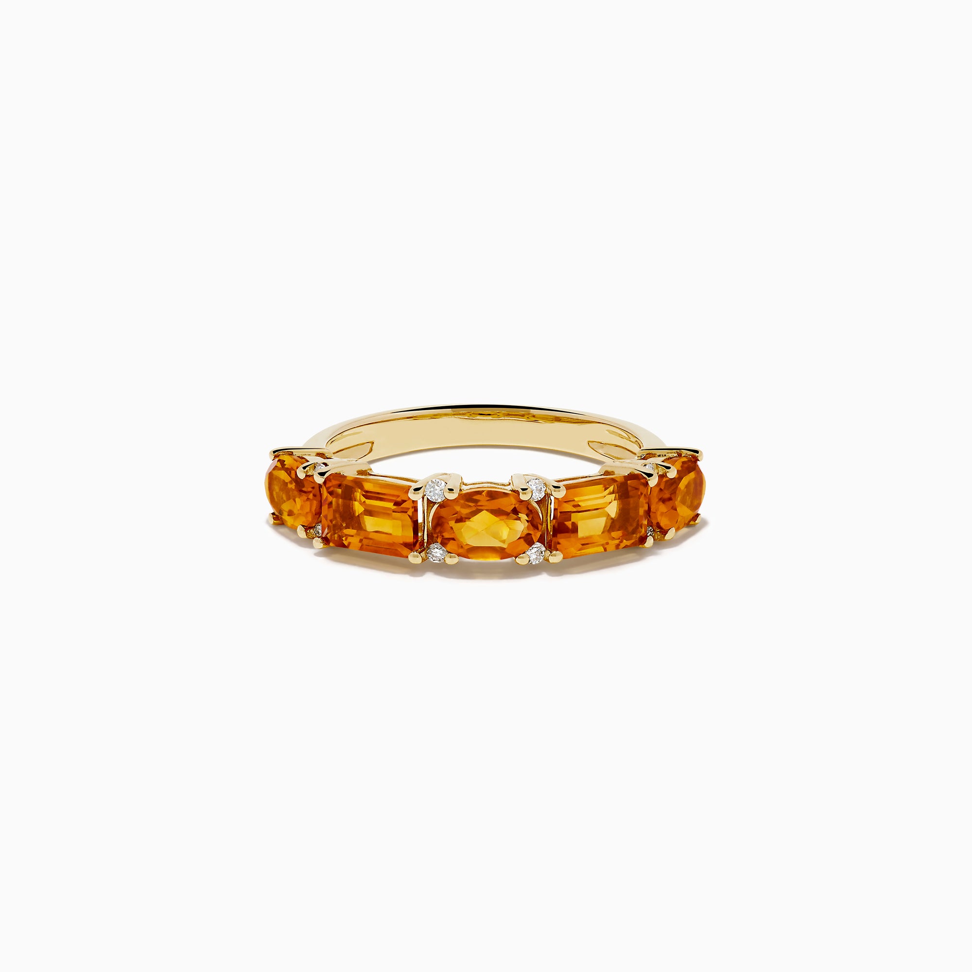 The 14K Yellow Gold Citrine and Diamond Band features five rectangular orange citrine gemstones in prongs on a polished yellow gold band.
