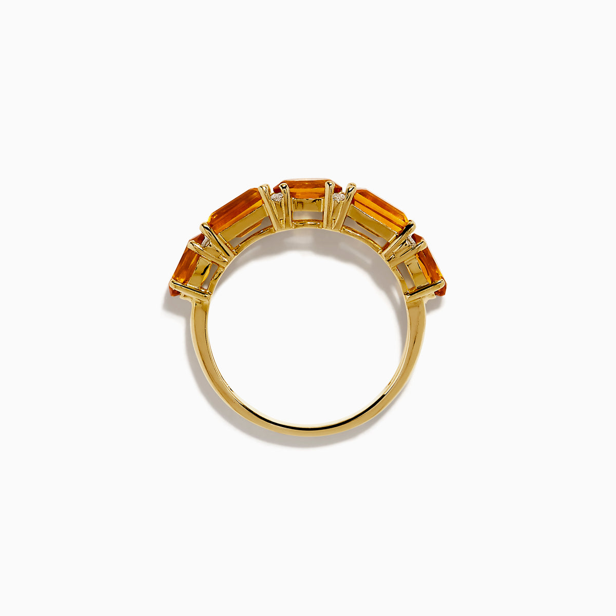 The 14K Yellow Gold Citrine and Diamond Band features five rectangular orange citrine gemstones in prongs on a polished yellow gold band.
